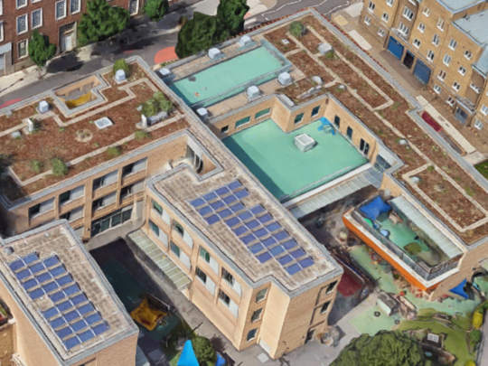1,500m2 biodiverse roof areas, including children's allotments and solar PV panel installations 