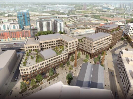 Artist’s impression of the Sugar House Island development and podium deck areas